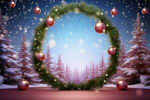 AI generated Elegantly designed 3D circle frame background perfect for Merry Christmas and Happy New Year AI Generated photo