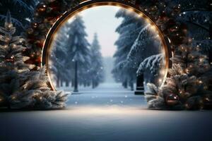 AI generated 3D circle frame a beautiful backdrop to celebrate Merry Christmas and Happy New Year AI Generated photo