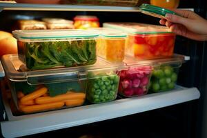 ai generado refrigerador encontrar recuperando un comida envase desde el refrigerador para un comida ai generado foto