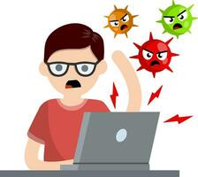 Man at laptop with virus. problem with computer. Online threat. Young angry guy. Account hacking. Cartoon flat illustration. Hacker attack vector