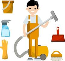 Man in orange jumpsuit stand with vacuum hose to clean house from dust and dirt. Technical service worker - cartoon flat illustration. Set of object - Glove and bucket, brush, dustpan, detergent vector