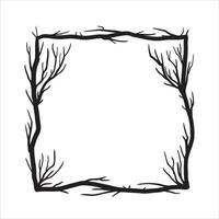 Tree frame, floral square border. Plant and twig decoration isolated on white background. black outline silhouette. decorative vintage scary element. Dark forest concept. vector