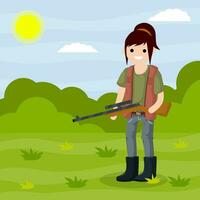 Man hunter with a gun. Survival in the woods. Equipment for hunting animals. Green forest, trees, field, bushes. Shooter and weapon. Cartoon flat illustration. Summer season. Guy with the rifle vector