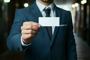 AI generated Business elegance Close up of a man in a suit showcasing a business card mockup AI Generated photo