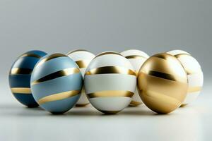 AI generated Minimalistic elegance white and gold Easter eggs, flat lay photo