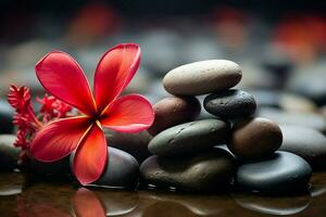 AI generated Relaxing spa stones and red frangipani flower create serene ambiance photo