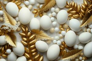 AI generated Gold and white Easter flat lay leaves and eggs on white photo