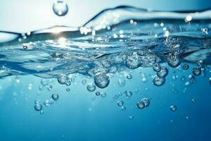 ai generado burbujas en azul agua antecedentes con un sereno acuático atmósfera foto