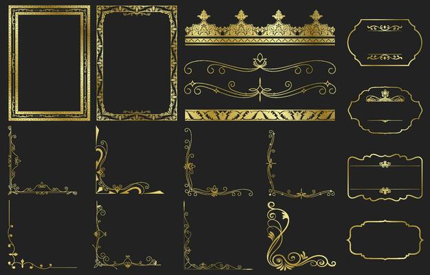 Golden vintage set includes decorative paper frames, text boxes and scrolling floral borders using rose gold line design with vintage corner tapestry borders.