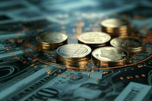AI generated Currency in flux dollars engaged in the dynamic forex market photo