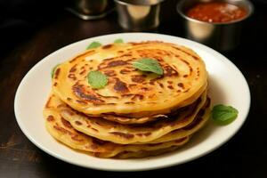 ai generado favorito desayuno parata, canaí, o Roti maría en un plato foto