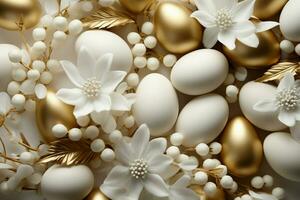 AI generated Minimalistic Easter flat lay with gold and white composition, eggs photo