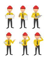 Construction Crew Collection - Vibrant Yellow T-Shirts and Red Hardhats Vector Bundle - 6-Pack for Engineering Projects and Building Illustrations