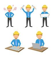 Helmet Heroes Bundle of 6 Vector Images Showcasing Workers in Blue T-Shirts and Yellow Helmets Perfect for Construction-themed Marketing and Safety Campaigns