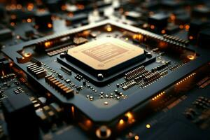 AI generated AI processor in focus, revealing intricate details and advanced technology photo