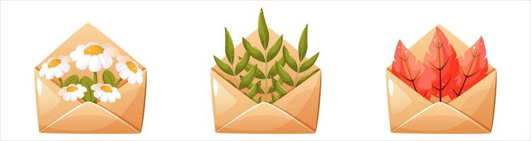 Set of open envelopes with flowers, leaves, dried flowers. Collection of envelopes with different plants and leaves. Kraft paper envelopes. Modern collection of love and friendship letter designs vector