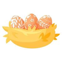 Easter painted eggs with patterns in a nest made of straw. Festive composition, vector illustration on a white background. Cartoon nest with three eggs.Happy Easter. Design for Easter cards, banners.