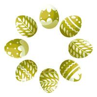 Round ornament, wreath of painted green Easter eggs. Round frame with empty space for text. Composition on white background for greeting cards, posters, banners, invitations and social media posts vector