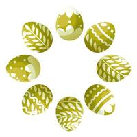 Round ornament, wreath of painted green Easter eggs. Round frame with empty space for text. Composition on white background for greeting cards, posters, banners, invitations and social media posts vector