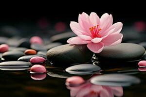 ai generado zen Roca con rosado flor, creando un armonioso y sereno escena foto