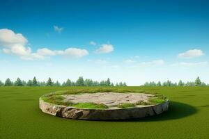 AI generated Circular podium rendered on a serene meadow soil ground photo