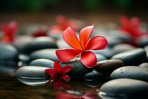 AI generated Spa ambiance red frangipani flower amid soothing arrangement of spa stones photo