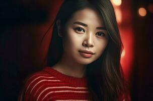 ai generado linda chino niña vistiendo rojo a rayas suéter. generar ai foto