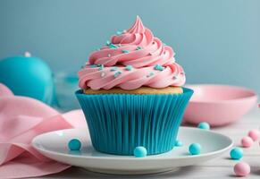 AI generated Cupcake with pink and blue frosting gender reveal conception. Generative AI photo