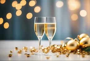 AI generated Two glasses of champagne on the table on blurred background with golden bokeh, Christmas concept. photo