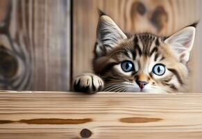 AI generated Kitten head with paws up peeking over wooden background. Little tabby cat curiously peeking out from behind wooden background. Front view, copy space. photo