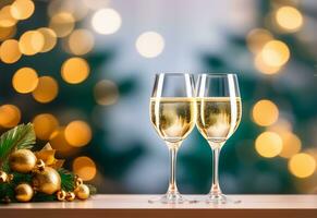 AI generated Two glasses of champagne on the table on blurred background with golden bokeh, Christmas concept. photo
