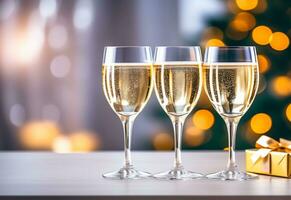 AI generated Three glasses of champagne on the table on blurred background with golden bokeh, Christmas concept. photo