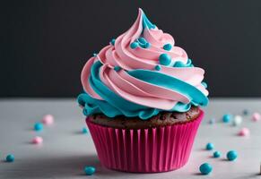 AI generated Cupcake with pink and blue frosting gender reveal conception. photo