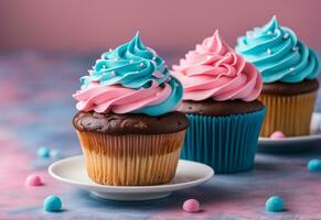 AI generated Cupcake with pink and blue frosting gender reveal conception. Generative AI photo