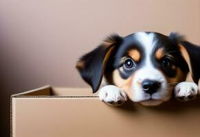 AI generated Puppy head peeking over brown cardboard box. Little dog curiously peeking out from behind box. Front view, copy space. photo