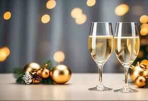 AI generated Two glasses of champagne on the table on blurred background with golden bokeh, Christmas concept. photo