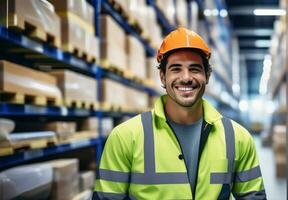 AI generated Portrait of a smiling young male warehouse worker in a warehouse. photo