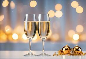 AI generated Two glasses of champagne on the table on blurred background with golden bokeh, Christmas concept. photo