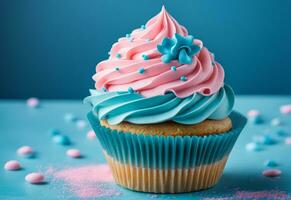 AI generated Cupcake with pink and blue frosting gender reveal conception. photo