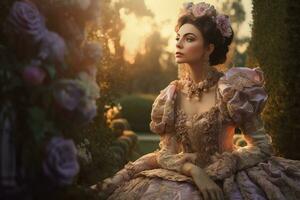 ai generado hermosa joven rococó aristocrático dama en floral duquesa prenda. generar ai foto