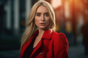 AI generated Blonde woman in modern red clothes. Generate ai photo