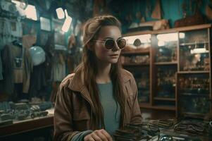 AI generated Stylish lady with sunglasses in vintage shop. Generate ai photo