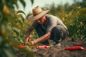 ai generado granjero cosecha rojo pimientos. generar ai foto