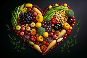 AI generated Nutritious Heart shaped fruits and vegetables. Generate Ai photo