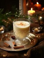 AI generated Christmas traditional drink Eggnog serve on the table photo