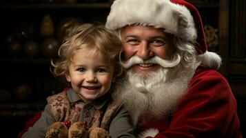 ai generado contento niño reunirse Papa Noel claus en Navidad foto