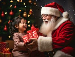 ai generado contento niño reunirse Papa Noel claus en Navidad foto