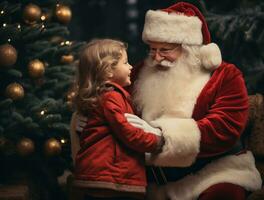 ai generado contento niño reunirse Papa Noel claus en Navidad foto