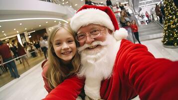 ai generado contento niño reunirse Papa Noel claus en Navidad foto
