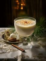 AI generated Christmas traditional drink Eggnog serve on the table photo